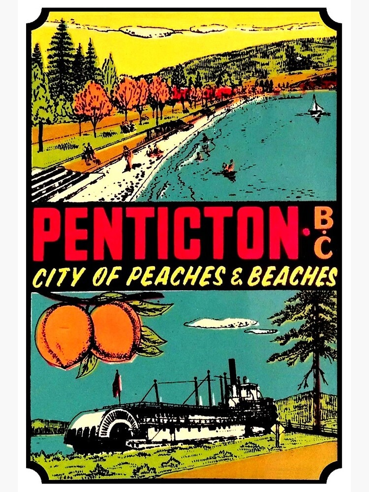 A vintage poster depicts the landscape of Penticton, featuring sandy beaches along a vibrant blue lake. Trees with autumn foliage line the shore, while a steamboat is seen in the foreground. Sailboats gently glide across the water, embodying the city's charm.