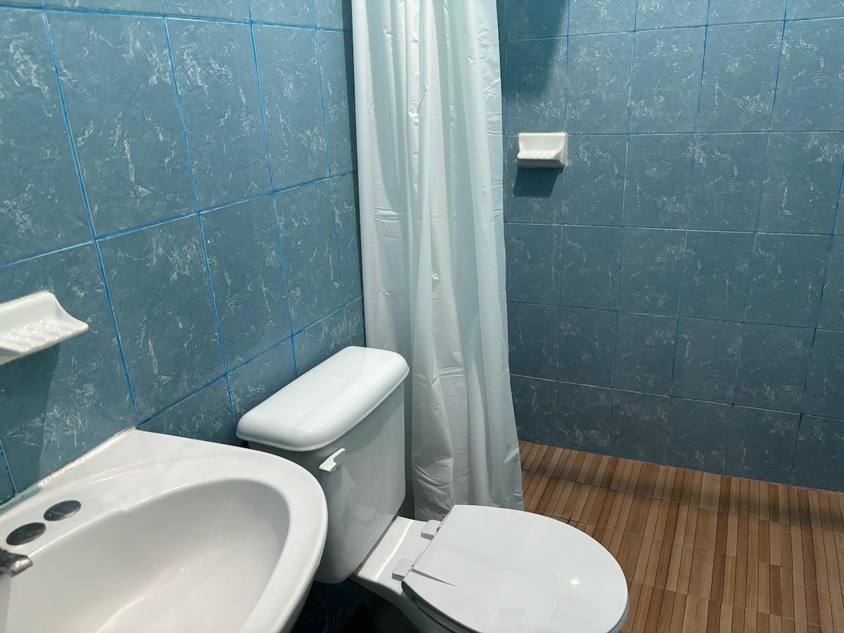 The bathroom features tiled blue walls and light wood flooring. A white toilet and sink are situated side by side, while a shower area is enclosed with a white curtain, providing privacy. Shelving is present for toiletries.