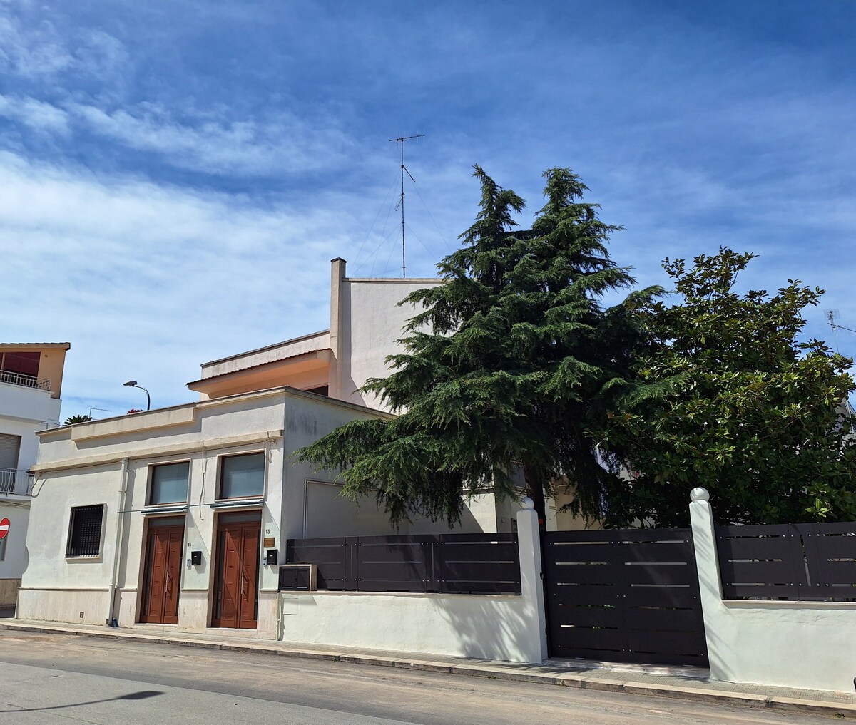 The exterior of the property is showcased, featuring a modern two-story design with large wooden doors. A tall green tree and lush shrubbery enhance the front yard, while a concrete wall surrounds the area for privacy. The sky above is partly cloudy.