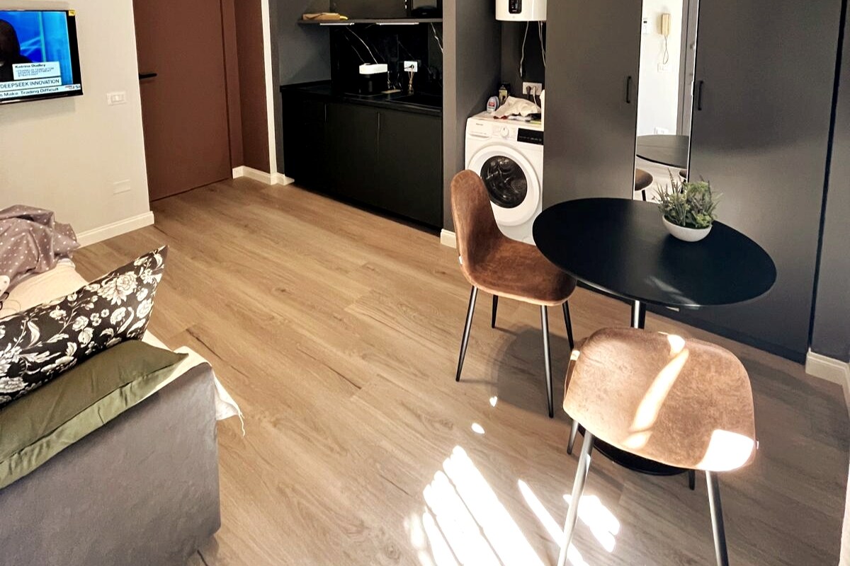 照片显示的是您进入公寓后首先看到的客厅，这里有沙发床、咖啡桌和2把符合人体工程学的椅子、洗衣机/烘干机、电热水壶、带冰箱的厨房和分体式空调。