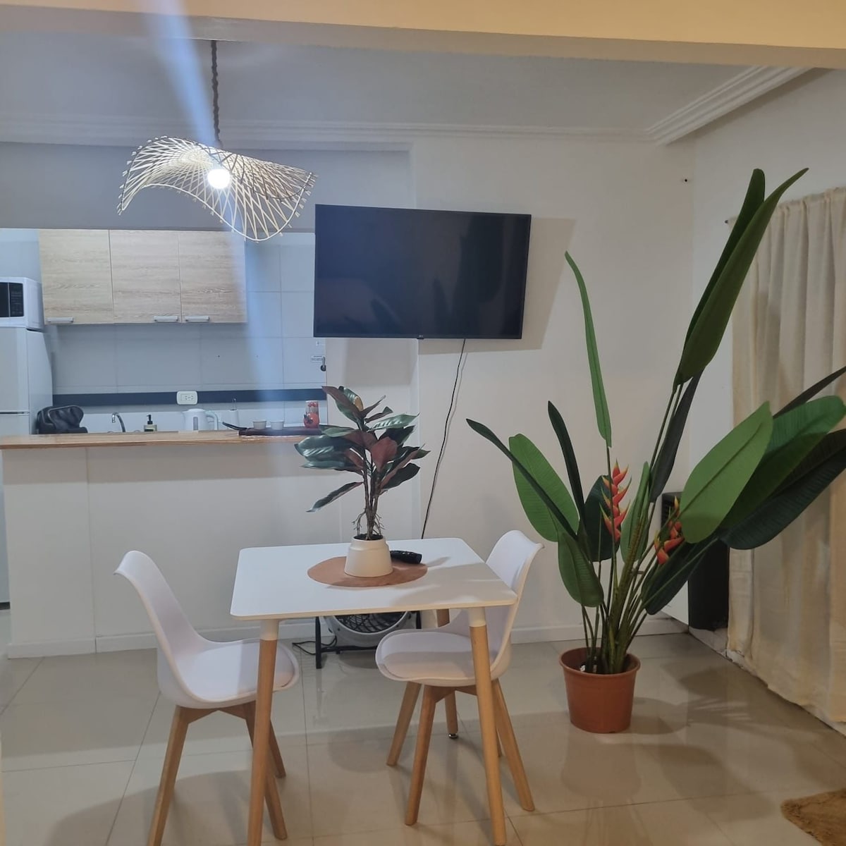 A modern dining area is depicted, featuring a small white table paired with two sleek chairs. A decorative plant is positioned on the table, while a large potted plant stands nearby. A mounted television is visible, and a stylish light fixture hangs above.