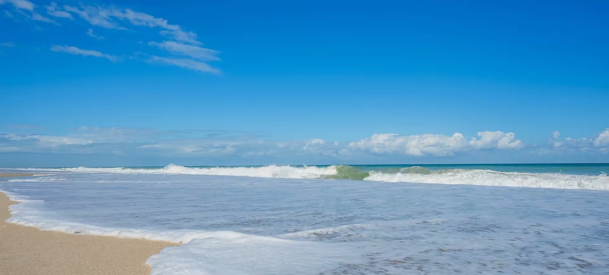 A serene beach scene is captured, featuring gentle waves lapping onto the soft sandy shore. A clear blue sky stretches above, with a scattering of clouds adding depth to the horizon. The tranquil setting emphasizes the natural beauty of the coastal environment.