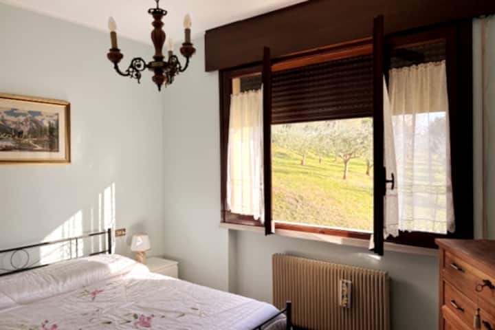 חדר שינה ראשי המשקיף על עצי הזית.
ארון עם דלתות הזזה המצוידות בקולבים - 2 שידות לילה - comò - pouf