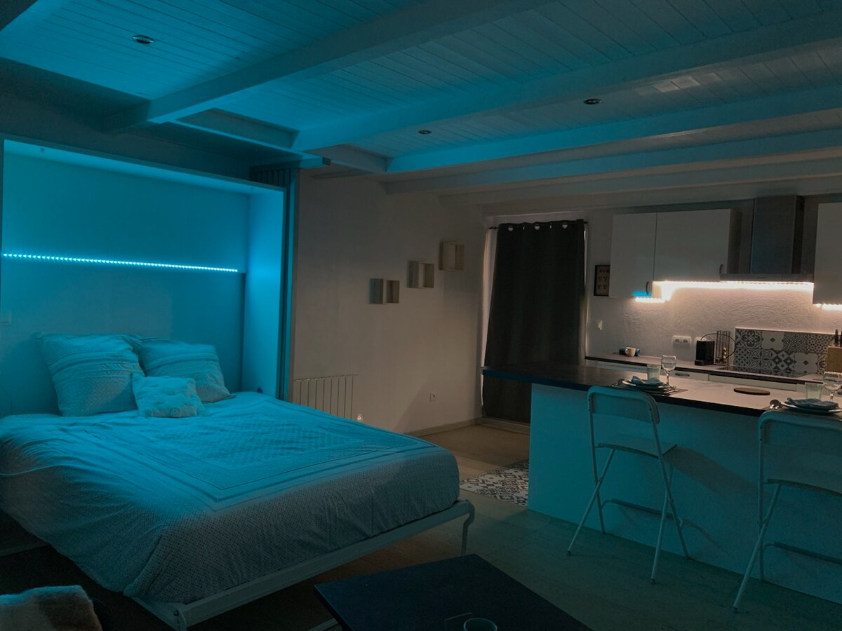 A well-lit studio features a spacious bed with a simple quilt and soft pillows against a blue-accented wall. The kitchenette is designed with modern elements and is illuminated by under-cabinet lighting, enhancing functionality. A dining table with chairs is positioned nearby.
