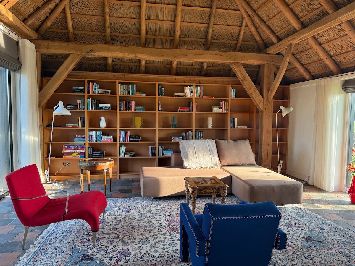 A spacious living area features a thatched roof and wooden beams. A large bookshelf holds various books. Comfortable seating is provided by a red chair and a blue chair, alongside a sofa. A patterned rug adds texture to the stone floor, creating an inviting space.