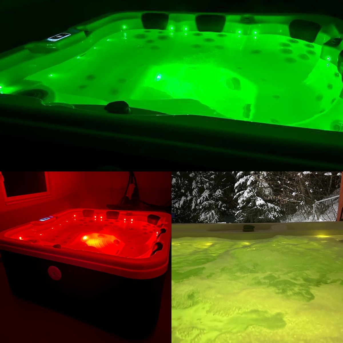 The image showcases a modern electric Jacuzzi, featuring illuminated water in varying colors, including green and red. The surrounding area is dimly lit, enhancing the relaxing ambiance. The Jacuzzi is designed for hydro and aero massage, ideal for leisure and relaxation.