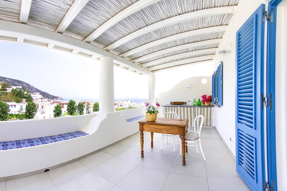 A covered terrace is presented, featuring a wooden table accompanied by white chairs. Brightly painted blue shutters frame the space, while potted plants add a touch of greenery. Scenic views of the surrounding area are visible through expansive openings.