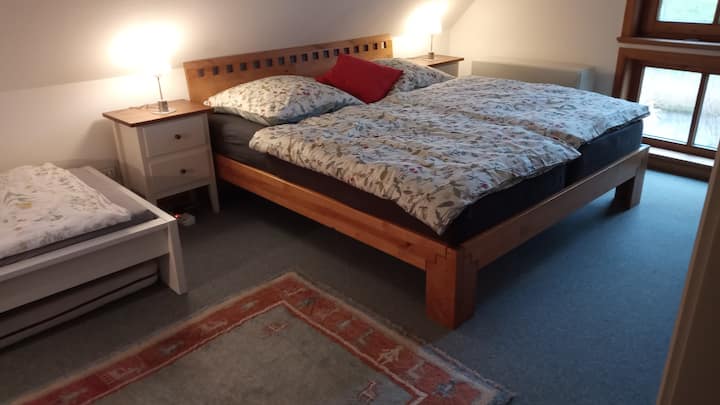 宽敞的卧室，可欣赏易北河景观，有3张床
大号双人床（1.8 x 2.00），配备2条毯子