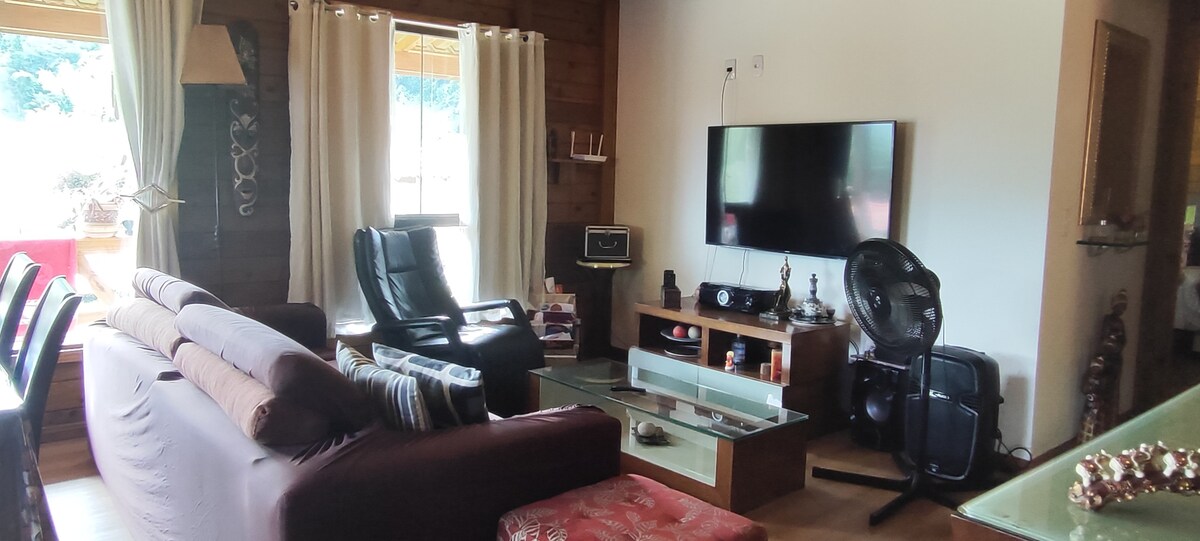 Chumba cha televisheni kilicho na sauti na kitanda cha sofa ambacho kinaweza kuchukua hadi watu wawili.