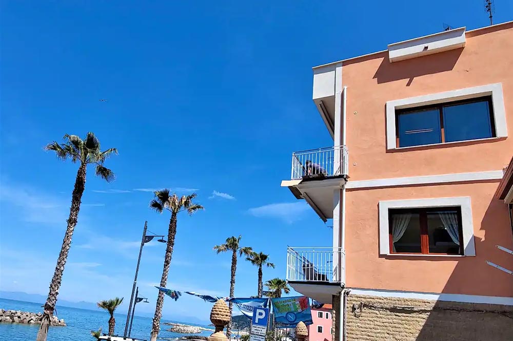A seaside building is shown with a light-colored facade and large windows, offering views of the ocean. Palm trees line the nearby waterfront, and a parking sign is visible at the forefront. Clear blue skies enhance the serene atmosphere surrounding the property.