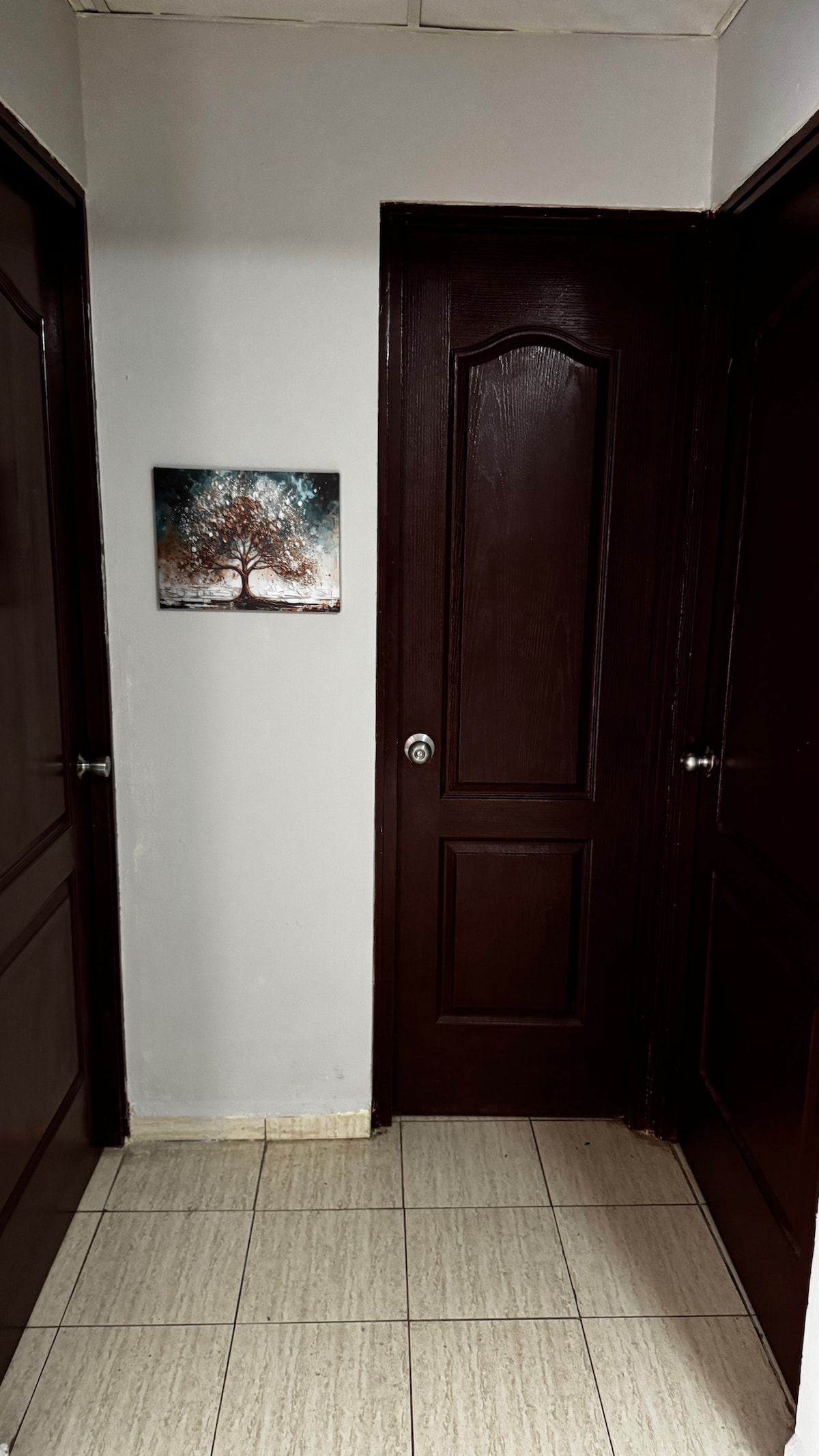 A narrow hallway features two closed wooden doors opposite each other. A framed artwork depicting a tree is displayed on the wall between the doors. The tiled floor complements the neutral wall color, creating a cohesive look.