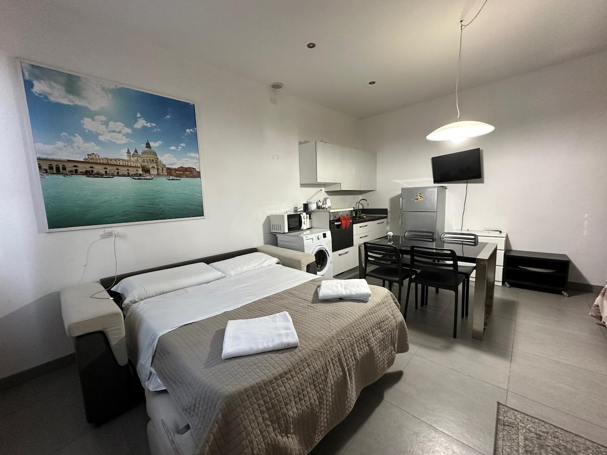 A well-equipped studio apartment is displayed, featuring a spacious bed with a light blanket. The kitchenette includes modern appliances, such as a microwave and washing machine. A dining area with black chairs and a television is visible, alongside a large wall photo of a waterfront scene.