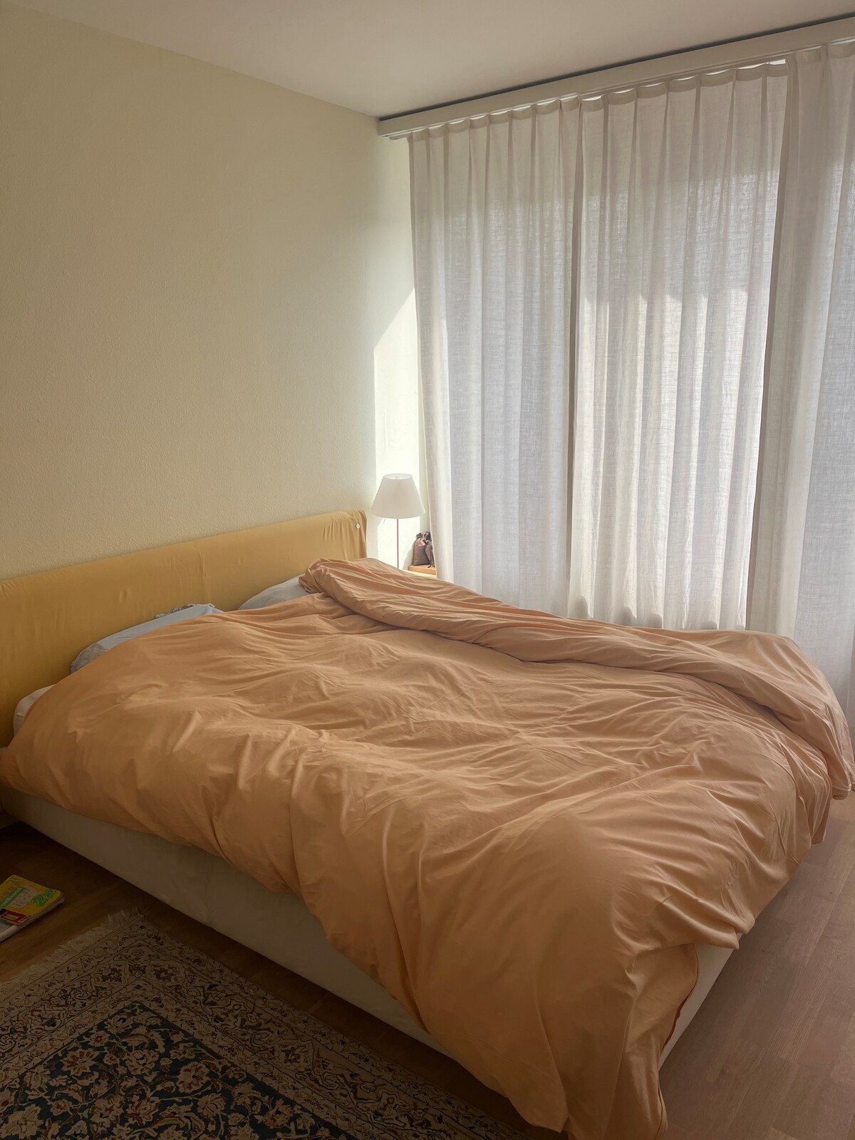 A spacious bedroom features a large, softly colored duvet on the bed, with natural light filtering through sheer white curtains. A bedside lamp is positioned nearby, creating a serene and bright environment.