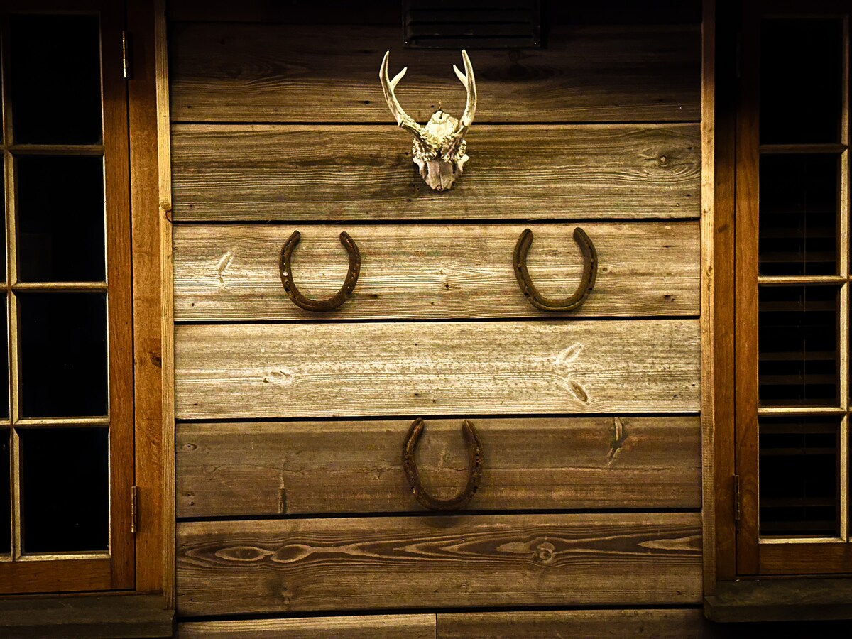 The wooden wall displays a rustic design featuring two large windows with multiple panes. Mounted above is a decorative antler, flanked by three horseshoes, adding a charming country touch to the space.