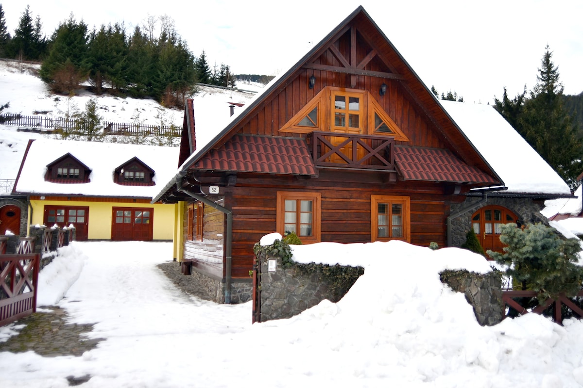 A charming wooden chalet is showcased with a steeply pitched roof and multiple windows. The exterior features decorative wooden elements, surrounded by a snow-covered landscape. Nearby, a pathway leads through the snow, inviting entry. Trees and other structures are seen in the background.