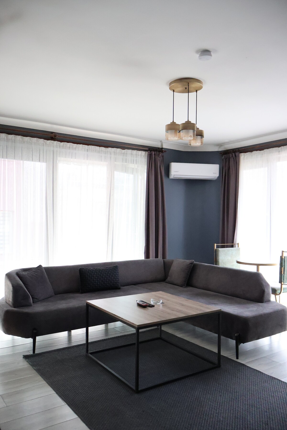 A modern living area is presented with a curved gray sofa, complemented by a wooden coffee table at its center. Large windows adorned with sheer curtains allow ample natural light while providing a view of the outside. A decorative light fixture hangs above, adding subtle elegance.