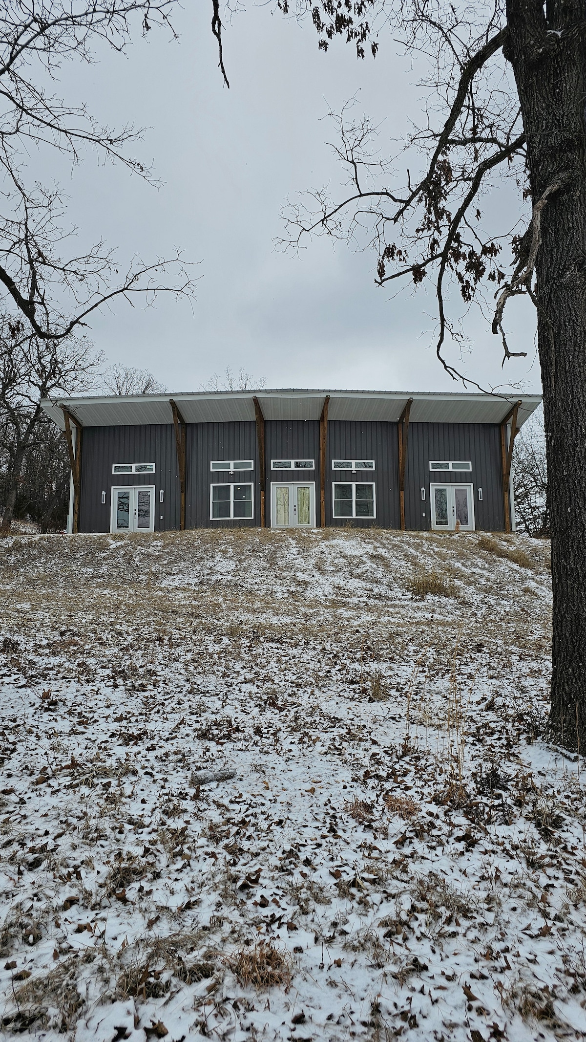 A modern building is seen from a distance, featuring a series of large glass doors and windows framed by a sleek exterior. The structure is positioned on a gentle slope, surrounded by snow-covered grass and bare trees, emphasizing the tranquil winter landscape.