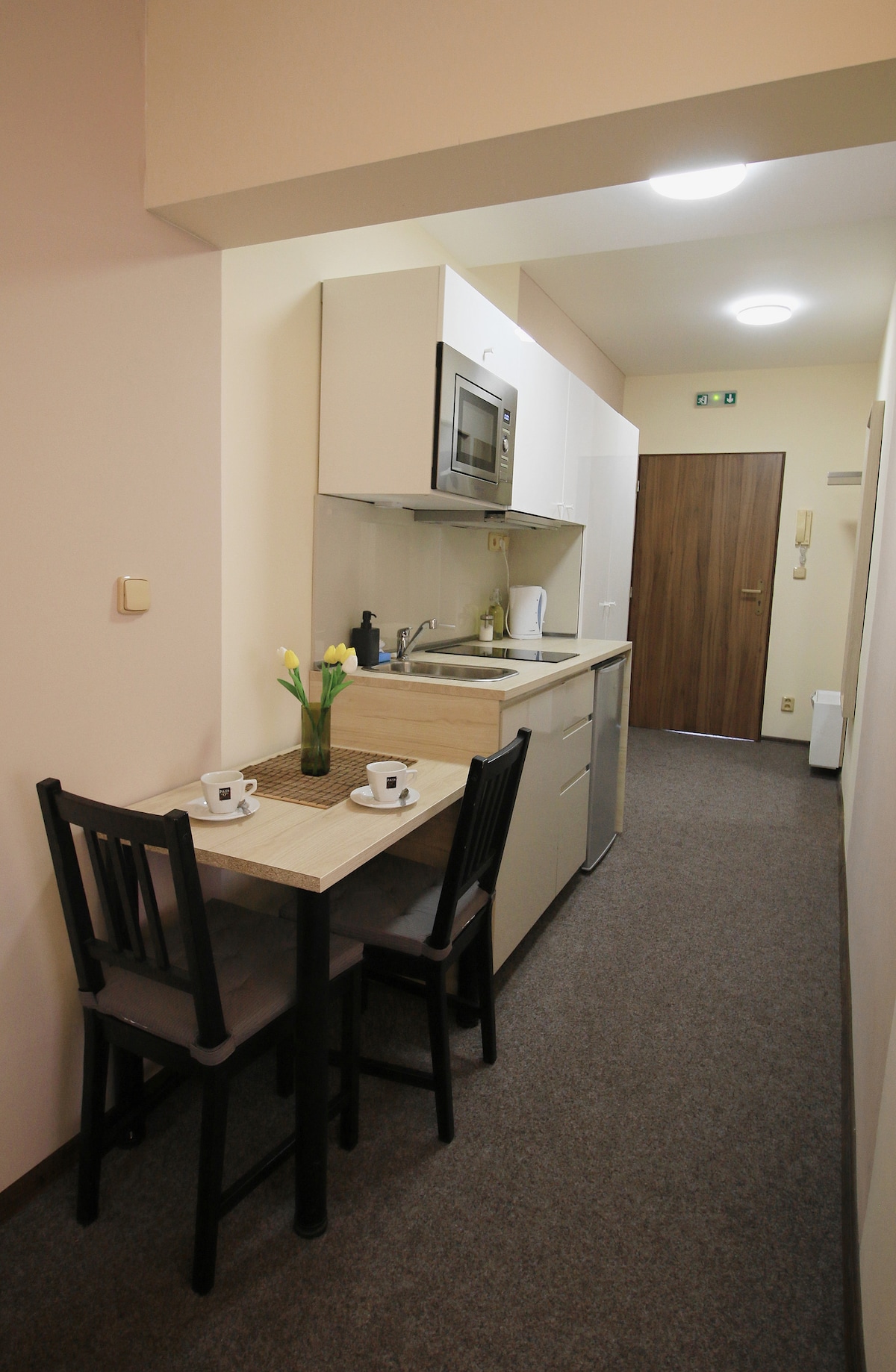 A compact kitchen area features modern cabinets and a countertop with essential appliances, including a microwave. A small dining table is set with two chairs, while natural light illuminates the space through the doorway at the end of the corridor.