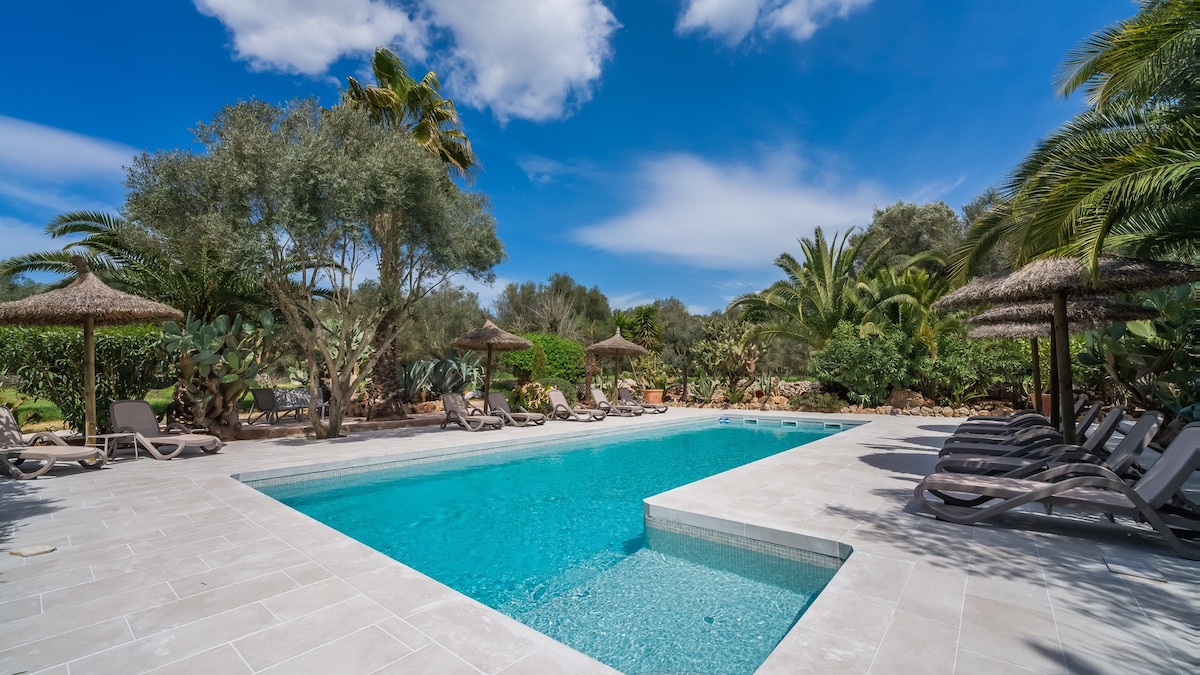 A tranquil swimming pool is surrounded by lush greenery and palm trees. Thatched umbrellas provide shade over several sun loungers. The clear water of the pool reflects the blue sky, creating a serene outdoor space for relaxation.