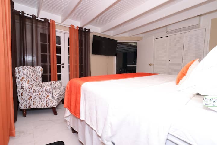 Ისიამოვნეთ 55-დუიმიანი სმარტ-ტელევიზორითა და კომფორტული დიდი ზომის საწოლით ამ ფართო საძინებელში.