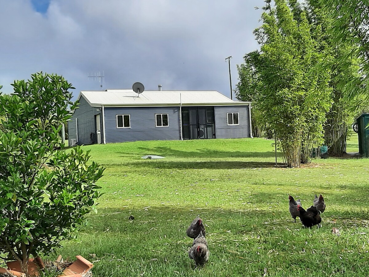 A modern cottage is set against a cloudy sky, featuring a mix of green grass and scattered chickens in the foreground. The cottage has a paved path leading to it, along with a shaded area created by nearby bamboo. Large windows can be seen on the structure.