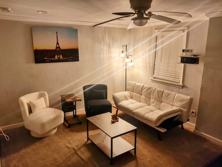 C'est Chic es una experiencia de sala de estar de inspiración parisina. Disfruta de un ambiente de cine en casa con un proyector inteligente de Android Salange, relájate en Ebern Designs Swivel Chairs o relájate en un sofá cama de futón convertible, todo mejorado por una decoración y muebles elegantes.