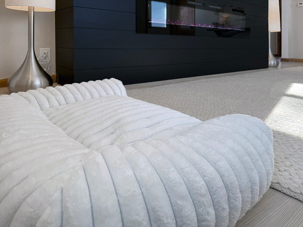 A soft, textured pet bed is positioned on a light-colored rug. A sleek electric fireplace is visible in the background, providing warmth. Modern lamps on either side add gentle illumination to the space.