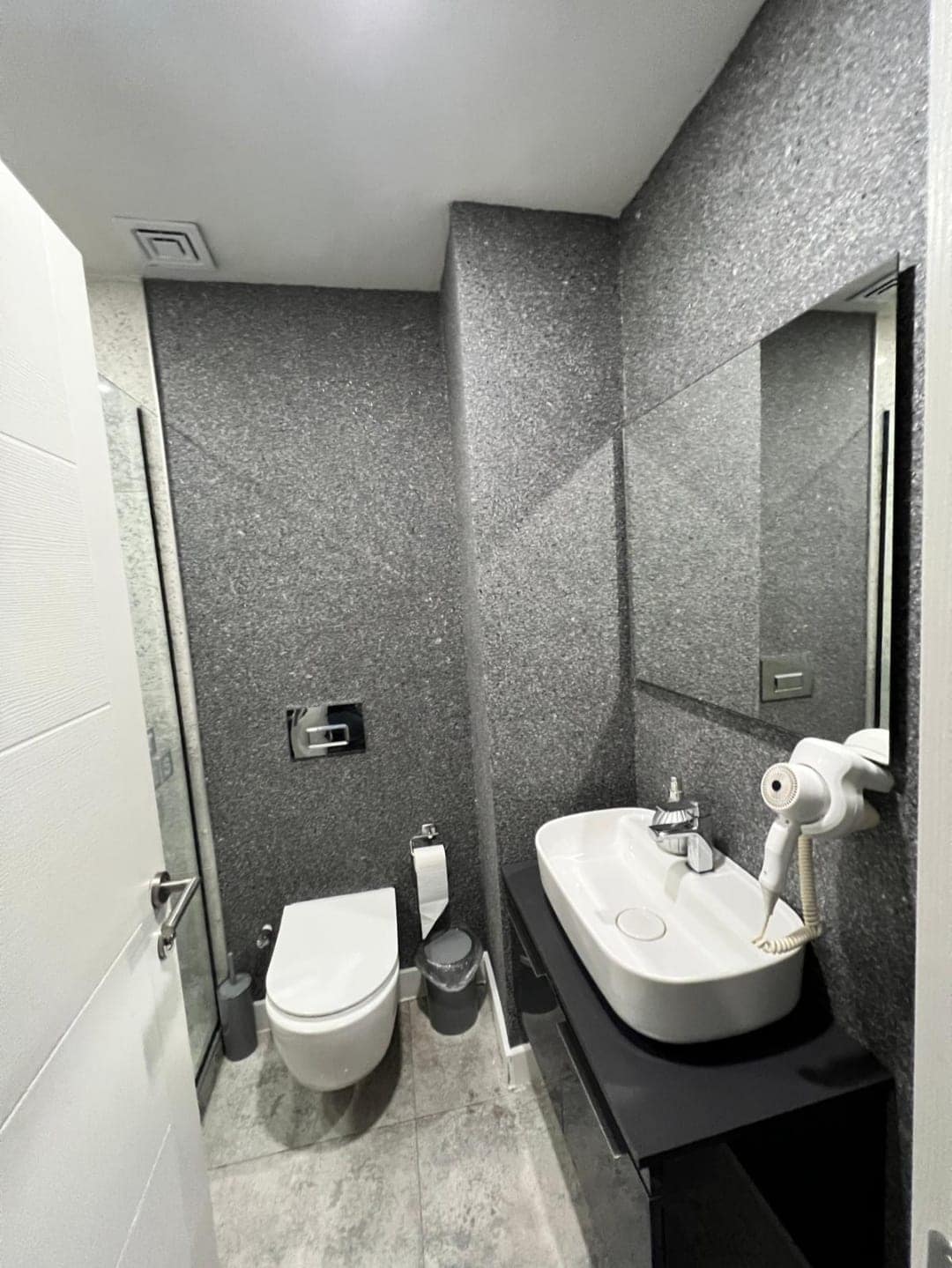 A modern bathroom is featured, showcasing textured grey walls and sleek finishes. A compact vanity with a rectangular sink sits atop a dark cabinet. A large mirror reflects the space, while a toilet and a hand dryer are positioned nearby, creating a functional layout.
