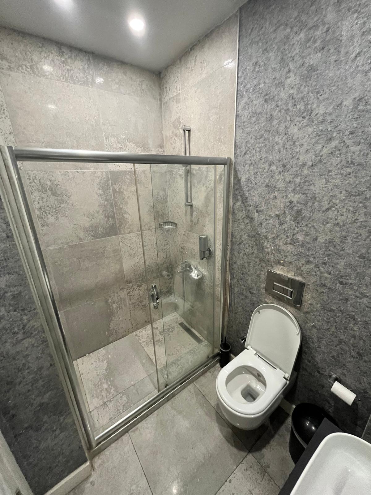 A modern bathroom is shown featuring a glass shower enclosure with a sleek silver finish. The walls are covered in light grey tiles, enhancing the spacious feel. A contemporary toilet is placed beside the shower, complemented by minimalistic fixtures.