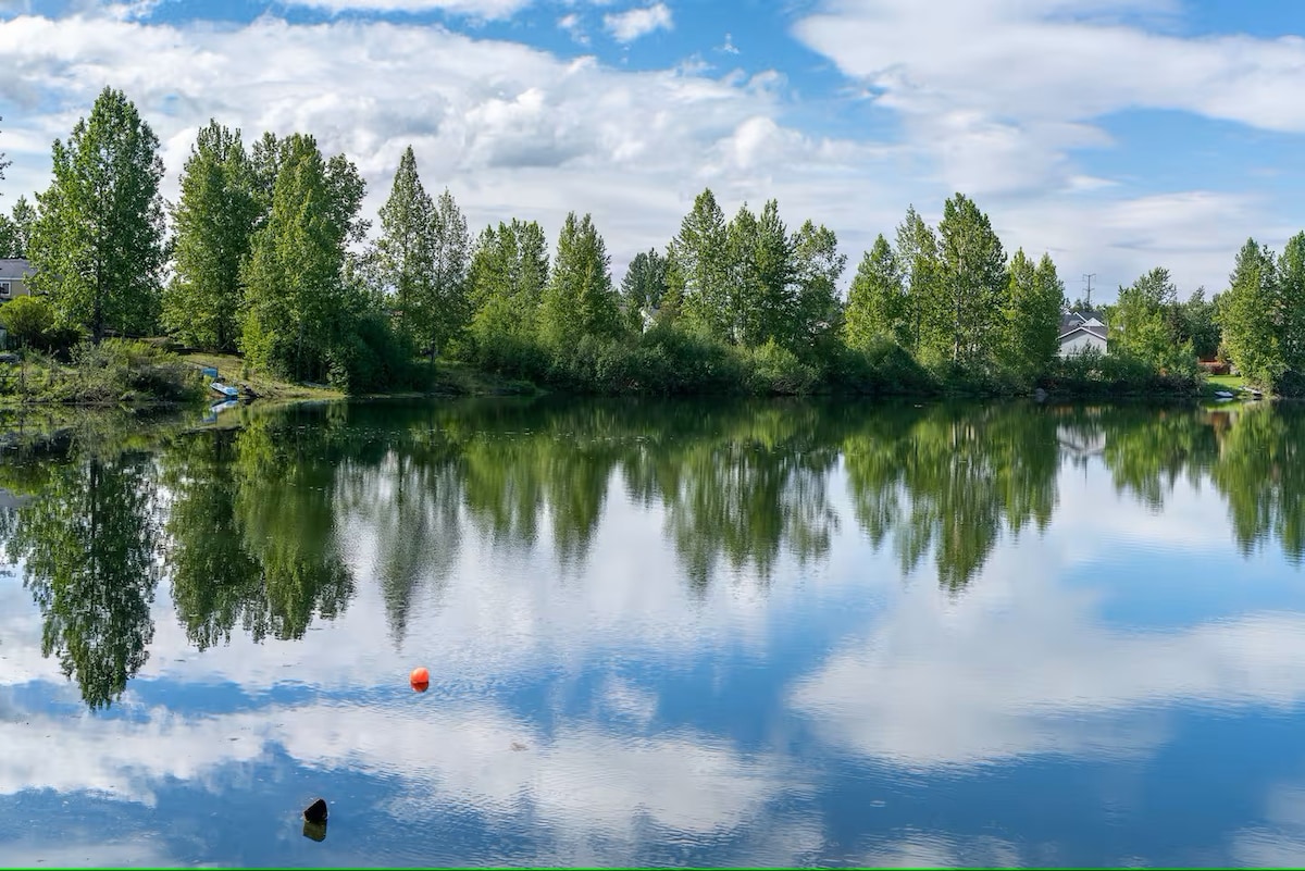 A serene lake scene is captured, showcasing clear reflections of lush trees and clouds in the still water. An orange buoy is visible floating in the foreground, with a blue sky filled with soft clouds above, creating a tranquil atmosphere.