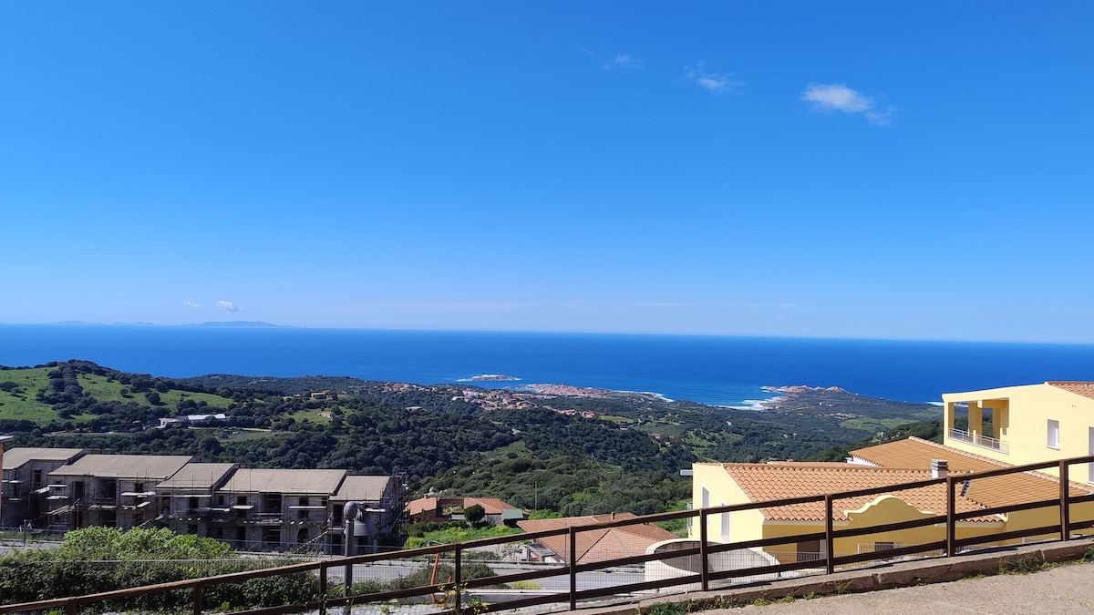 A panoramic view of the coastline is captured, featuring clear blue skies above shimmering waters. Lush green hills gently descend toward the sea, and the distant shoreline is dotted with small settlements, emphasizing the serene natural landscape.