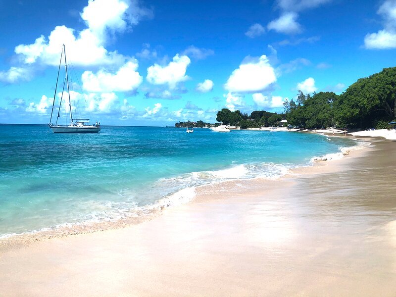 A serene beach scene features soft sandy shores bordered by gentle turquoise waves. A sailboat drifts calmly in the clear water, while fluffy clouds pass overhead. Lush greenery lines the background, providing a natural complement to the vibrant coastline.
