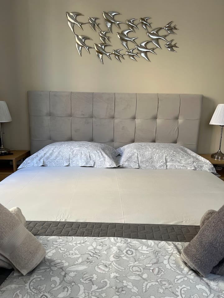 舒适的卧室：大号双人床配有柔软的床上用品，确保您的睡眠安稳，而金属鸟墙艺术品则增添了一丝自由与宁静！