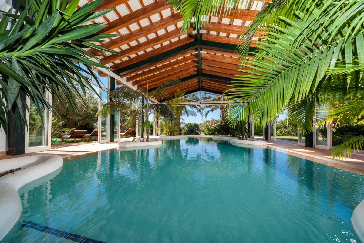 An indoor pool is surrounded by lush tropical plants, creating a serene environment. Large glass walls provide ample natural light and views of the lush outdoors. Smooth edges of the pool blend seamlessly with the wooden deck, enhancing the tranquil atmosphere.