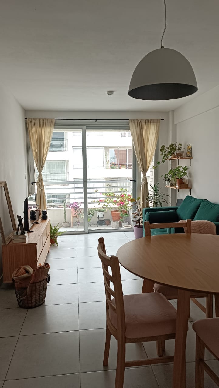 A living room area features a green sofa paired with a wooden coffee table. Sunlight enters through large glass doors that lead to a balcony adorned with potted plants. Neutral-colored walls and tiled flooring create a spacious, airy environment, complemented by a dining table with wooden chairs.