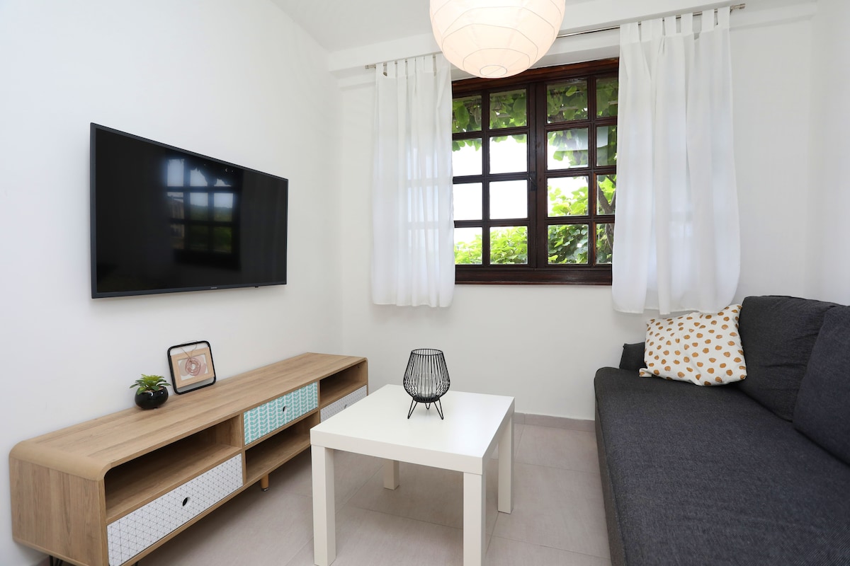 A living room is filled with natural light from a window partially covered by sheer curtains. A plush gray couch faces a wooden coffee table, which sits beside a stylish television mounted on the wall. Decorative elements are present on the table and couch.
