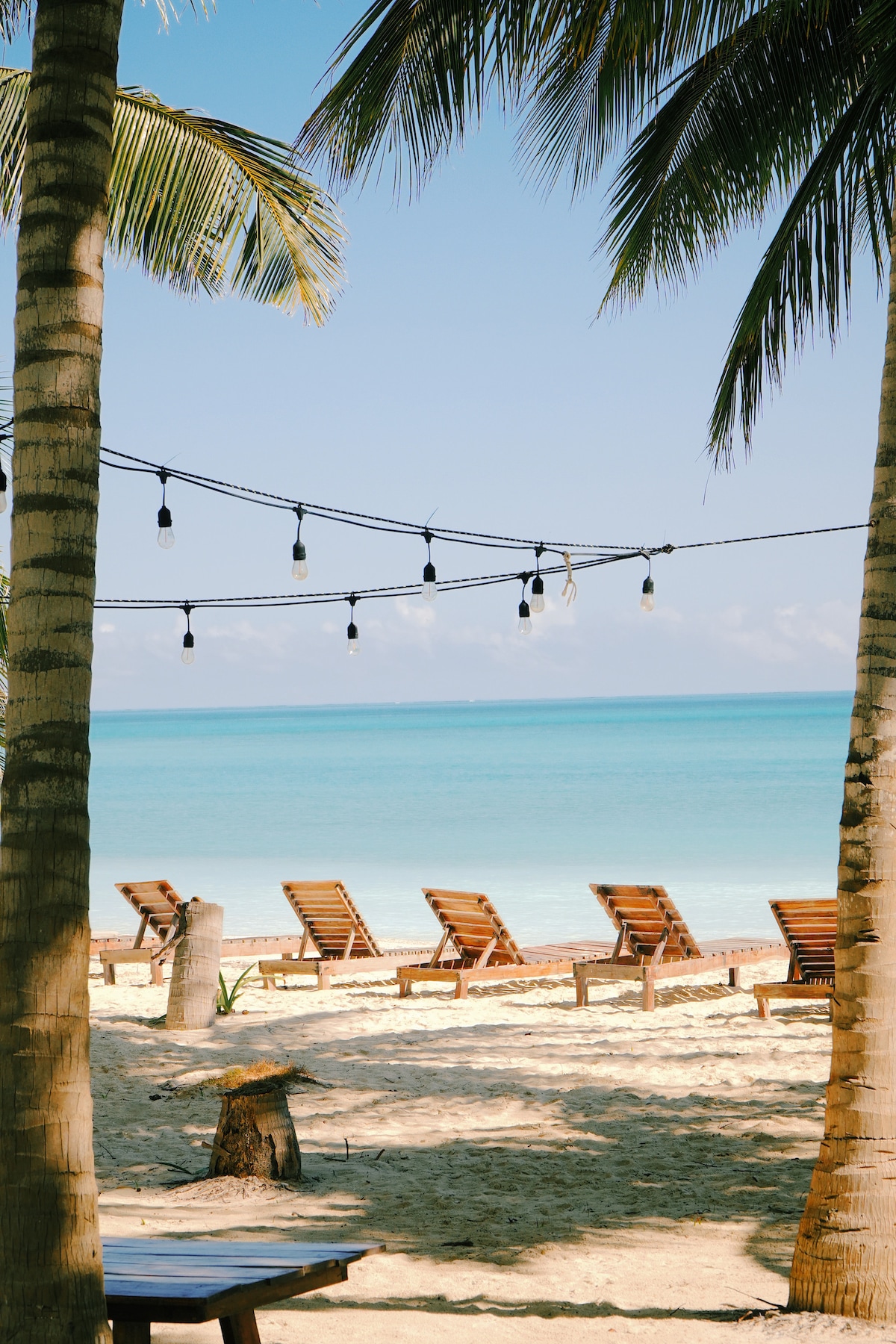 A serene beach scene is framed by palm trees, featuring wooden lounge chairs arranged neatly on white sand. A string of decorative bulbs is suspended above, casting a soft light. The calm turquoise waters of the Caribbean Sea stretch into the distance.