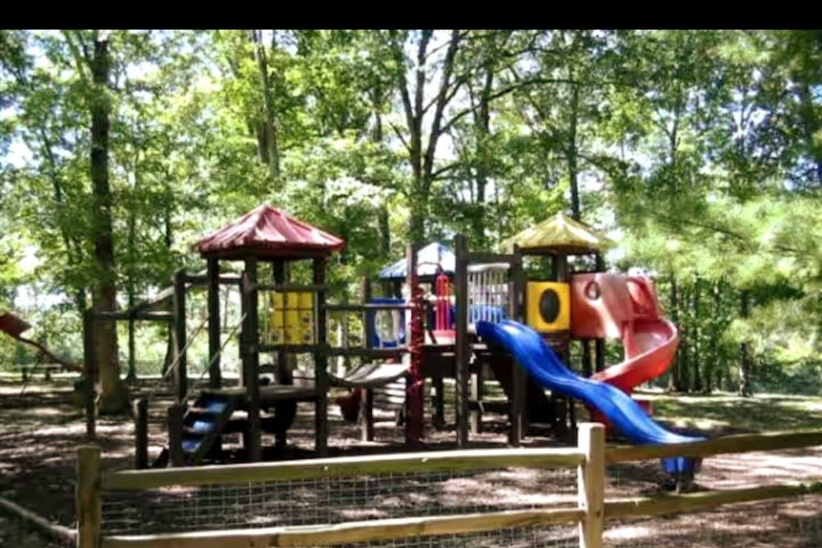 A colorful playground is situated among the trees, featuring multiple structures with bright red, yellow, and blue elements. Slides and climbing areas are visible, surrounded by a natural setting. The playground is enclosed by a wooden fence, providing a safe play area.