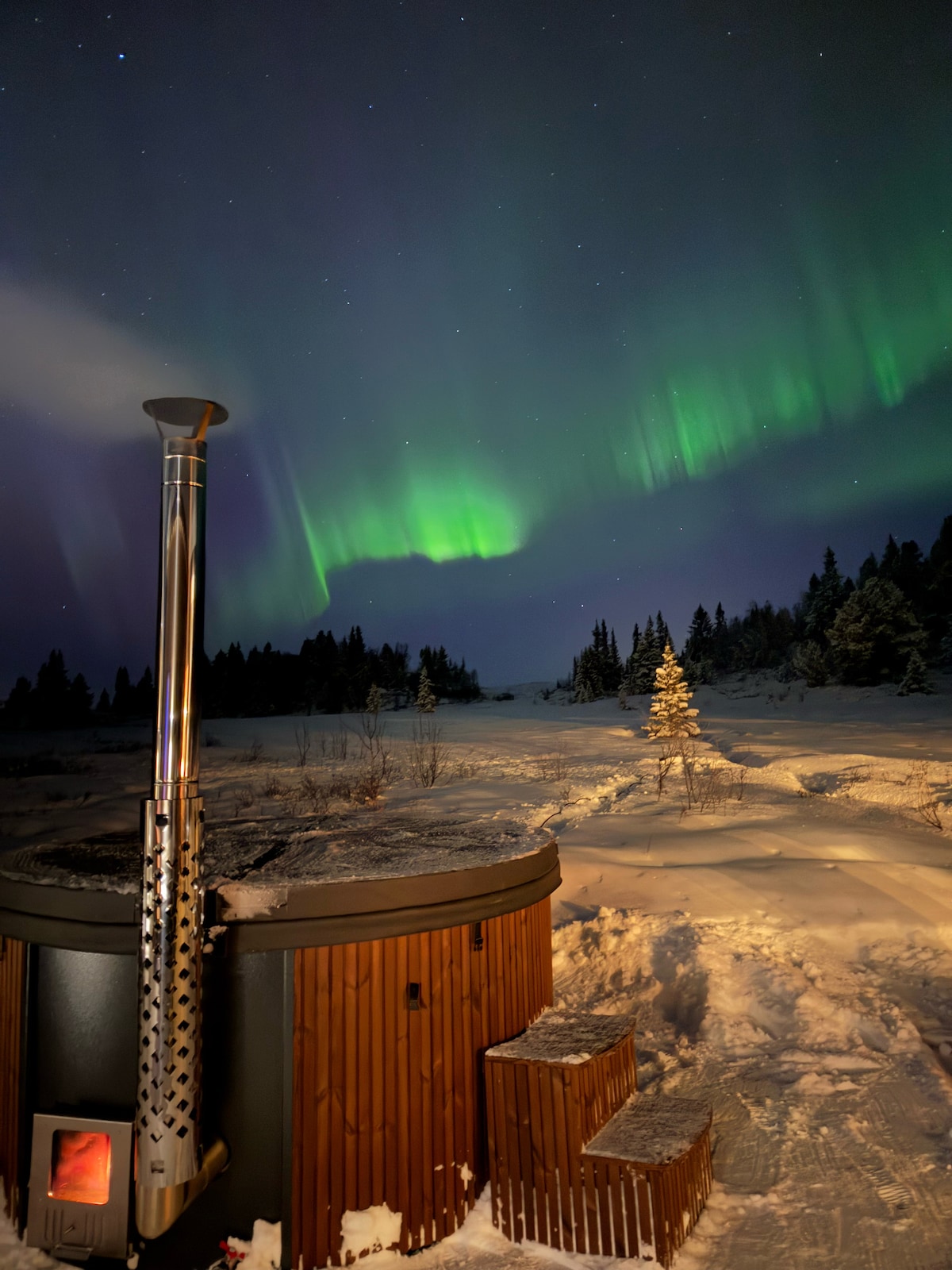 An outdoor hot tub is featured in the foreground, surrounded by a snowy landscape. The night sky is illuminated by the vibrant green hues of the northern lights, with silhouettes of trees creating a serene backdrop.