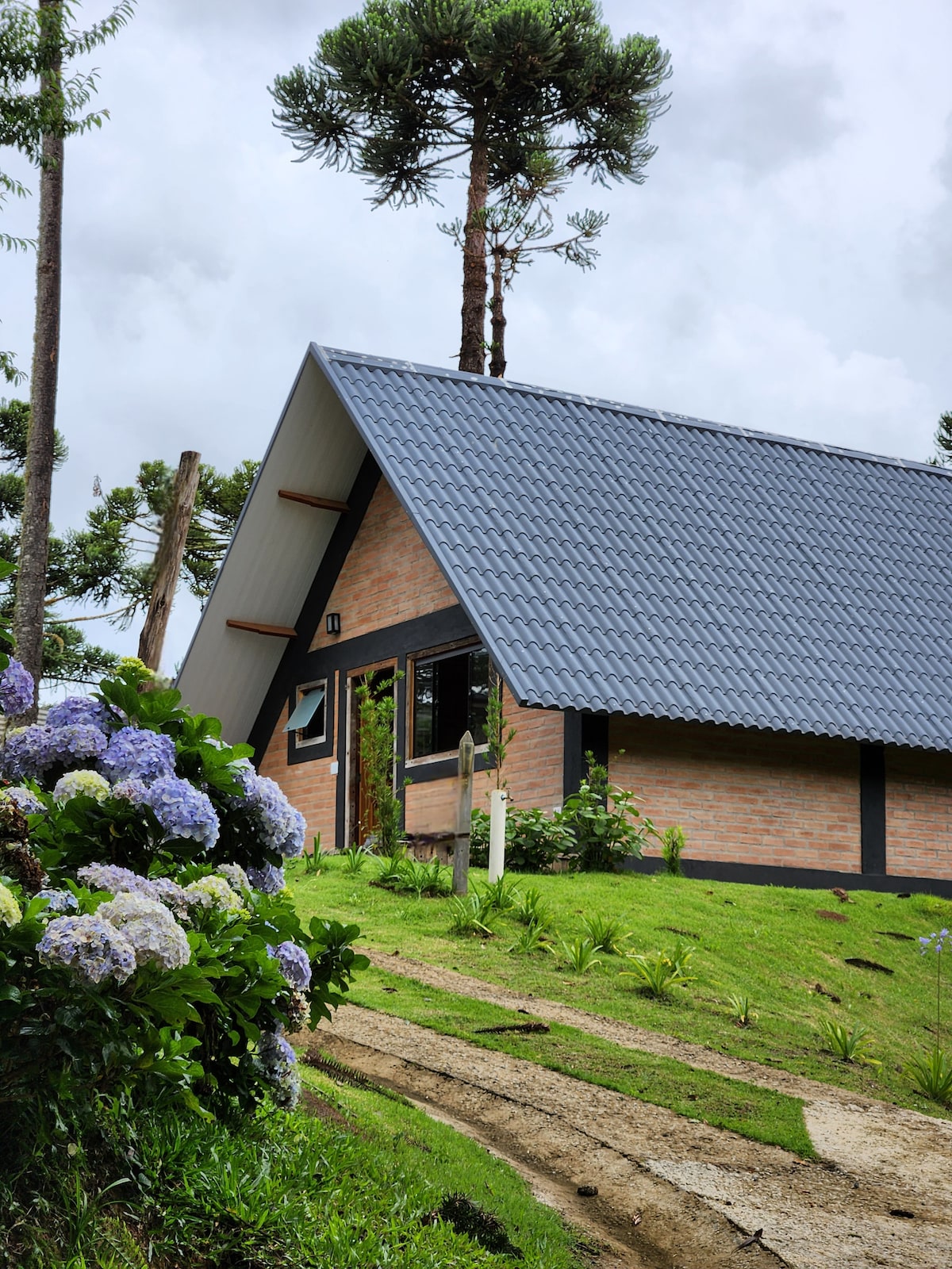 The exterior of the cabin features a sloped roof and is framed by lush greenery, showcasing a combination of brick and wood materials. Colorful hydrangeas bloom in the foreground, enhancing the natural setting. The path leading to the cabin is lined with grass, inviting guests to explore.