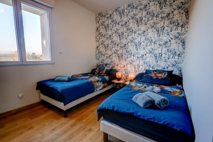 Une chambre élégante et reposante equipée de 2 lits simples , armoire de rangement et télévision murale