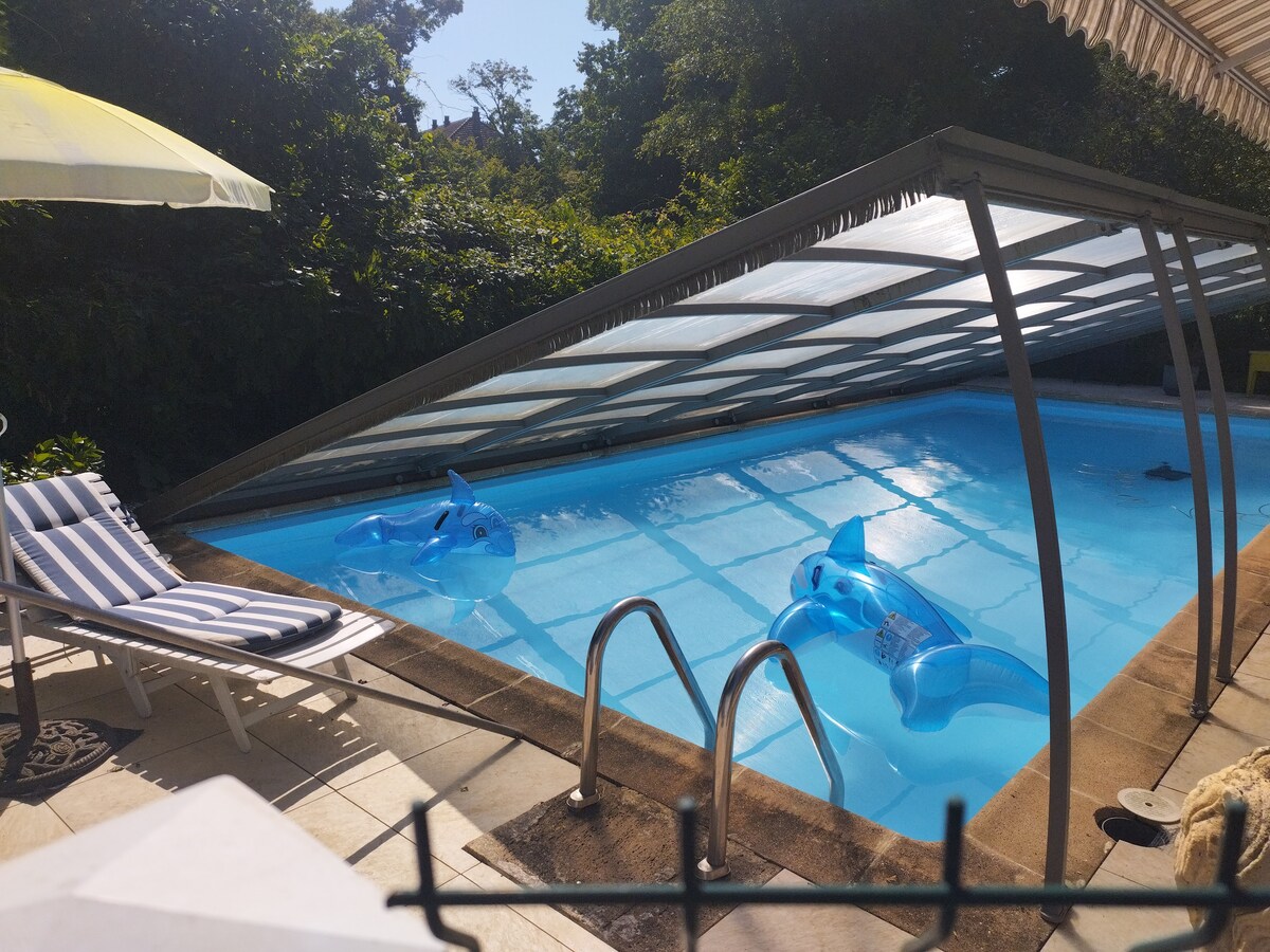 A serene outdoor pool area is surrounded by greenery. Two blue inflatable dolphin floaties are placed in the inviting water. A covered section provides shade, while a lounge chair with striped fabric offers a relaxed seating option nearby.