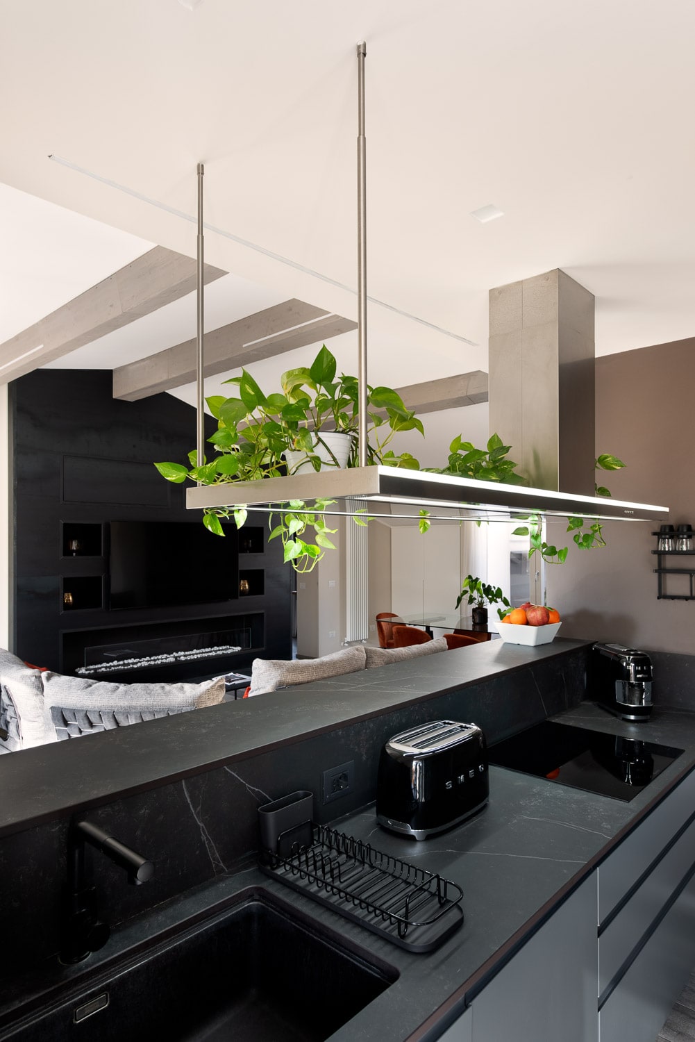 A modern kitchen features sleek black countertops and cabinetry, illuminated by a minimalistic overhead light fixture with hanging plants. A toaster and coffee maker are positioned on the counter, while a living area with a sectional sofa and television is visible in the background.
