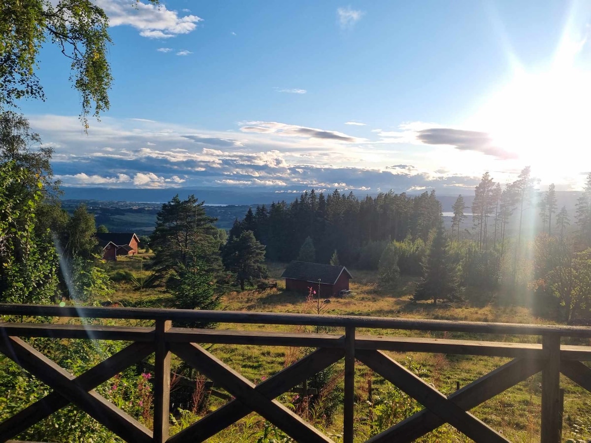 A panoramic view from a wooden railing showcases a sprawling landscape, where distant hills and forested areas blend under a bright sky. Sunlight filters through clouds, creating a serene atmosphere over the lush greenery and rustic cabins dotted throughout the scene.