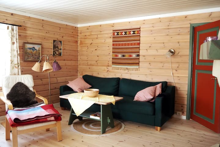 غرفة معيشة ولكن جدران خشبية صلبة وأريكة جديدة وجلد غنم في الكراسي