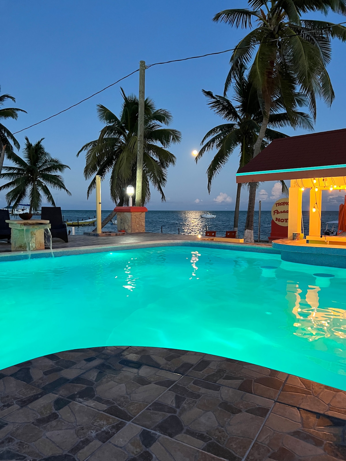 A tranquil swimming pool reflects serene turquoise waters, surrounded by palm trees. The moon casts a gentle glow over the ocean in the background, creating a relaxing evening atmosphere. Soft lighting highlights the pool area, enhancing the scenic views.