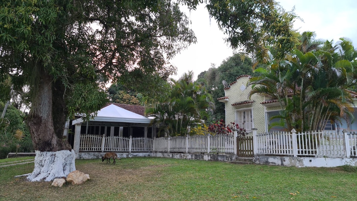 A charming house is seen surrounded by lush greenery, with a large tree casting shade over the grassy area. The property features a white fence and a porch offering a peaceful space for relaxation amongst tropical plants.