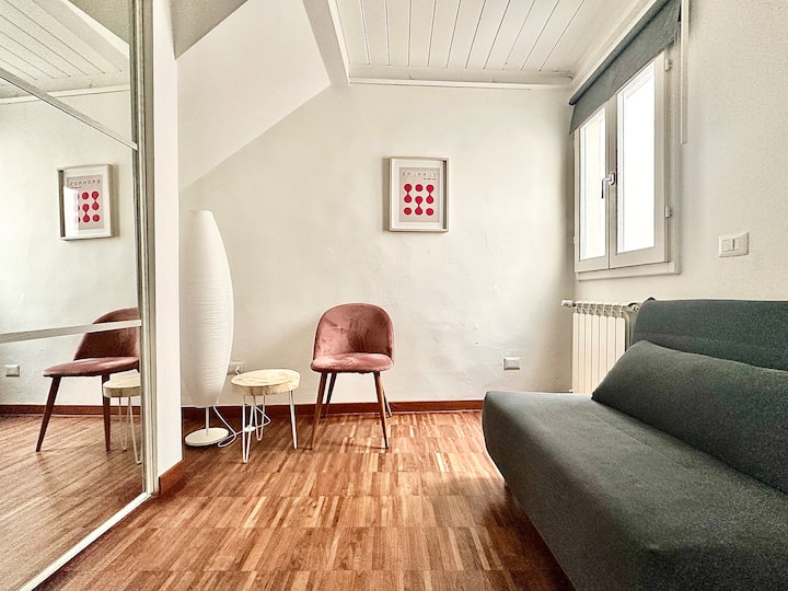 غرفة مريحة بسقف خشبي أبيض. سرير كرسي بذراعين داكن وكرسي بذراعين وردي مع طاولة قهوة مستديرة منسقة. تعكس خزانة الملابس ذات المرايا كاملة الطول المسكن، مما يضخها. نافذة مع ستارة رمادية داكنة