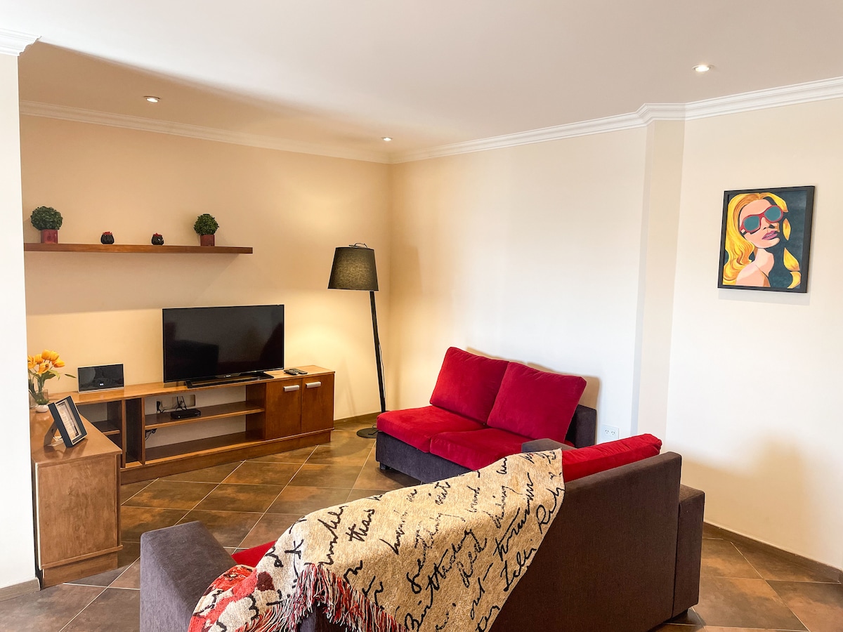 A living area features a dark brown sofa paired with a bright red loveseat. A flat-screen television is mounted on a wooden media unit, accompanied by decorative potted plants on a shelf. Warm lighting creates a cozy ambiance, complemented by a piece of wall art.