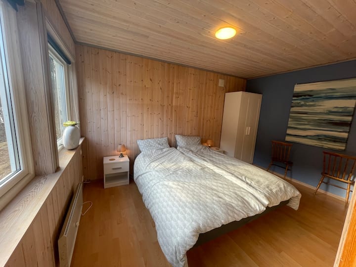 Ფართო საძინებელი გარდერობითა და ლამაზი ორადგილიანი საწოლით.